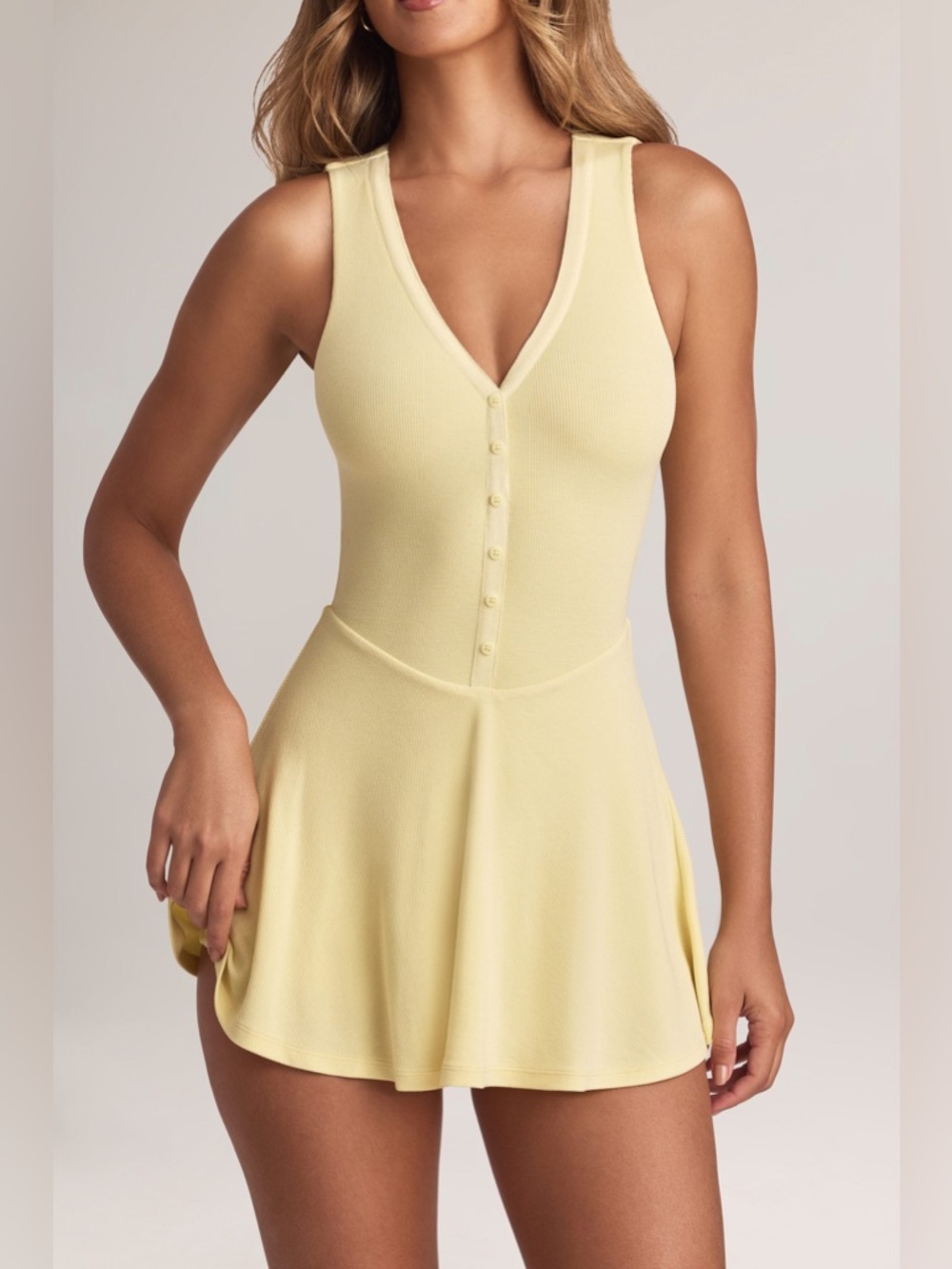 Oh Polly Pale Yellow Ribbed V‑Neck Mini Dress - Picture 5 of 13